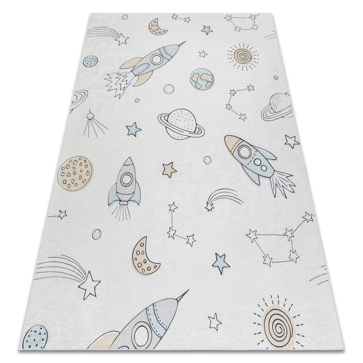 Kinderteppich Bambino Waschteppich Weltraum, Rakete für Kinder Anti-Rutsch - Creme 140x190 cm 140x19