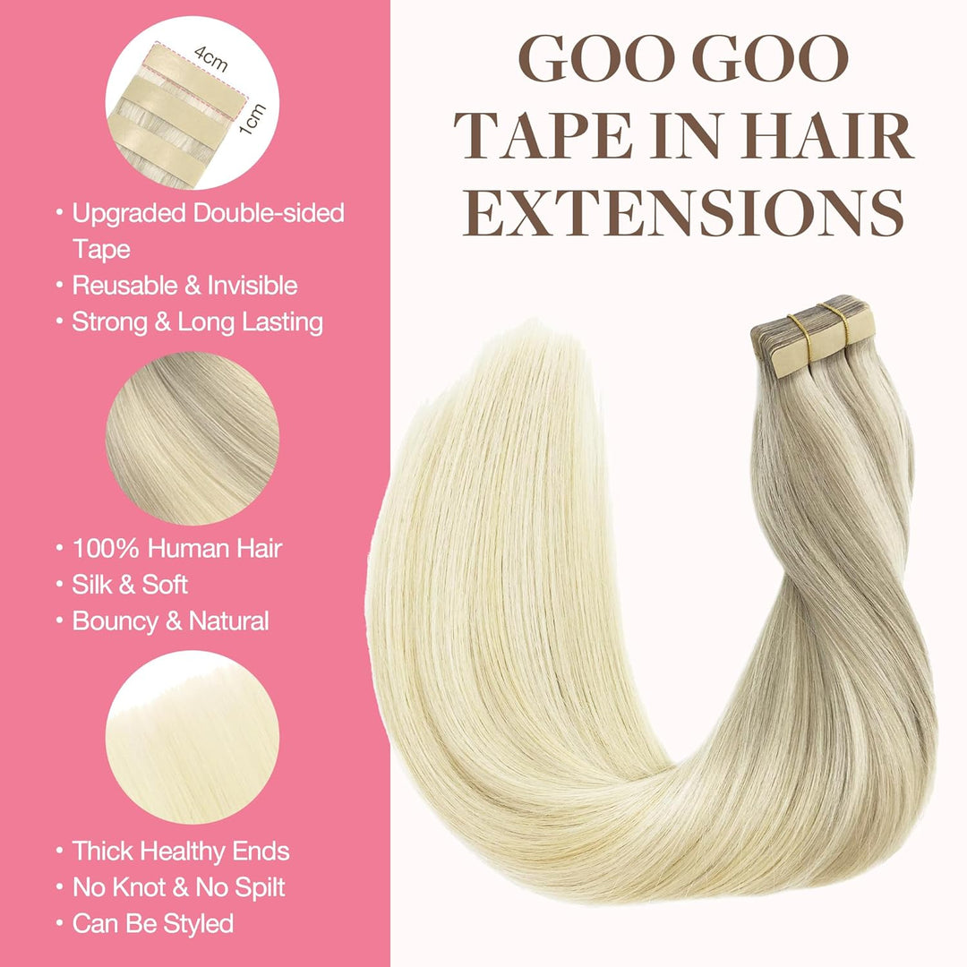 GOO GOO Tape in Extensions Echthaar, Aschblond bis Goldblond und Platinblond 30cm 20pcs 40g, Haarver