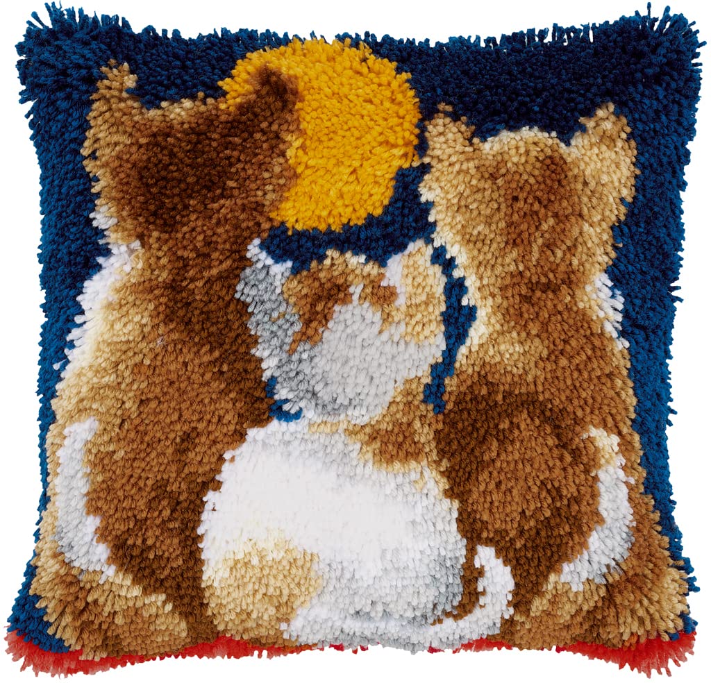 Vervaco Katzen bei Nacht Knüpfkissen mit Knüpfhaken, Baumwolle, Cats at Night, 40 x 40cm