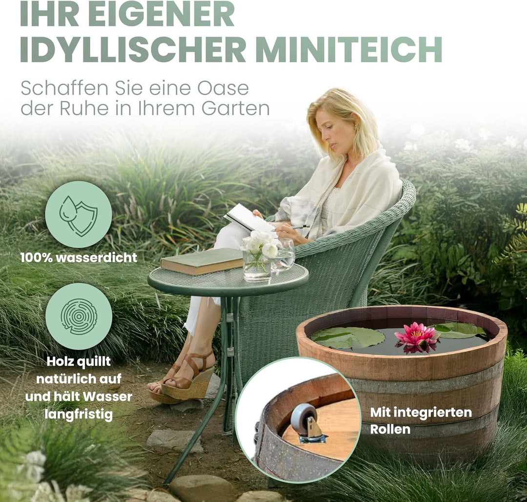 Temesso Blumentopf, Blumenkübel, Holzfass als Pflanzkübel, Weinfass halbiert mit Rollen D70cm H40cm;