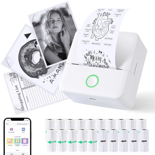 PRAOAHEI Mini Drucker, Tragbarer Fotodrucker mit 20 Rollen Druckerpapier, Bluetooth-Etikettendrucker