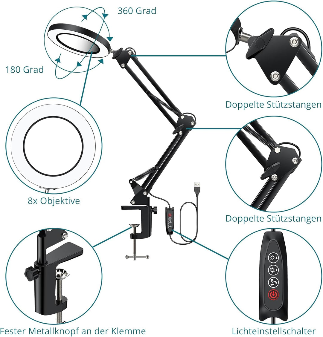 8X/15X LED Lupenleuchte mit Schwenkarm, Lupe mit Licht, Tischlampe mit 3 Farbmodi 10 Helligkeitsstuf