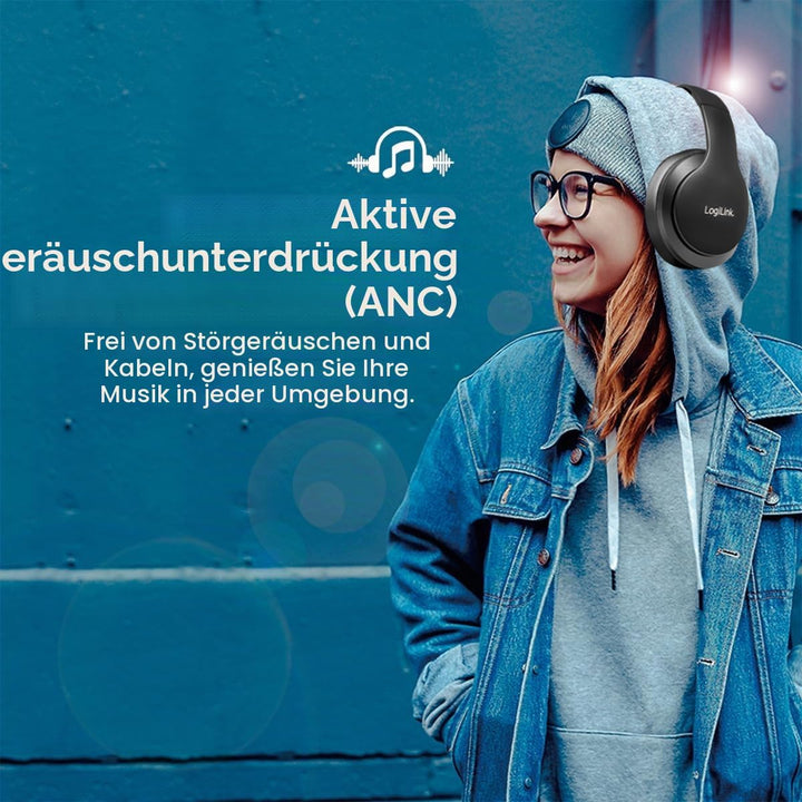 LogiLink BT0053 - BT v5.0 Active-Noise-Cancelling (ANC) Headset/Kopfhörer mit aktiver Lärmunterdrück