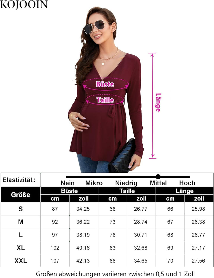 KOJOOIN Damen Stillshirt Schwangerschaftsshirt V-Ausschnitt Umstandsshirt Langarm Nursing Tops mit G
