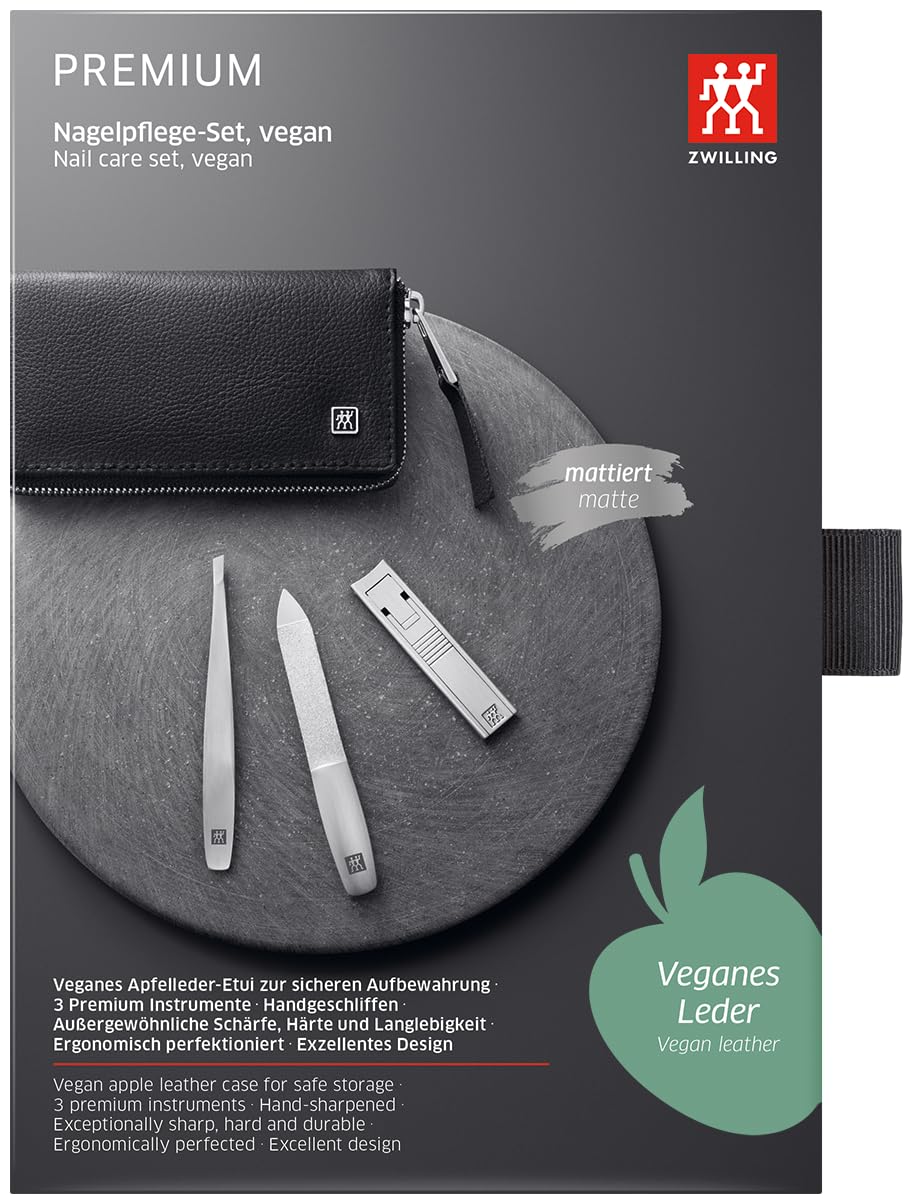 ZWILLING Maniküre Pediküre Set 3tlg., Kompakt-Nagelknipser, veganes Apfelleder-Etui, schwarz Nagelkn