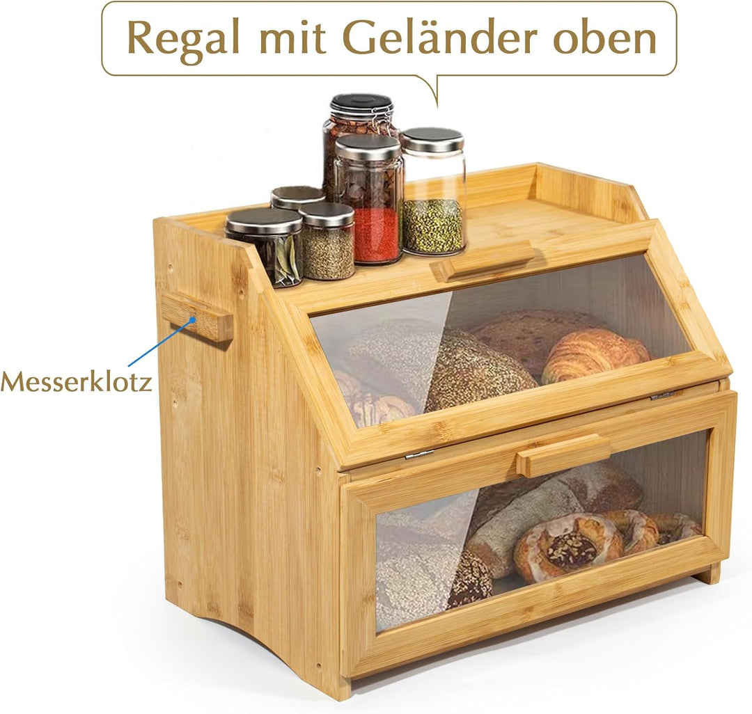 Bambus Brotkasten mit Belüftung, Grosser Brotbox, 2 Etagen und Sichtfenster, Holz Brotbehälter für H