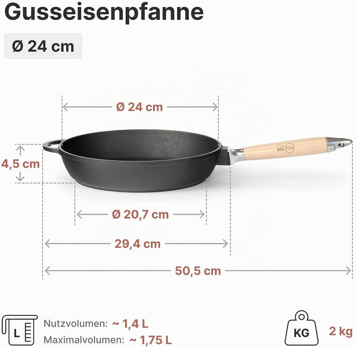 Premium Gusseisenpfanne Induktion 24 cm Pfanne Gusseisen UNBESCHICHTET sandgestrahlt universell Cast