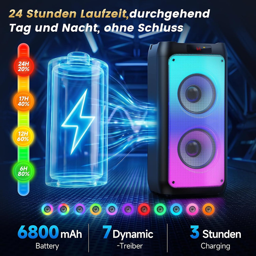 HWWR Karaoke Maschine mit 2 drahtlosen Mikrofonen tragbarem Bluetooth-Lautsprecher RGB-Licht, Schwar