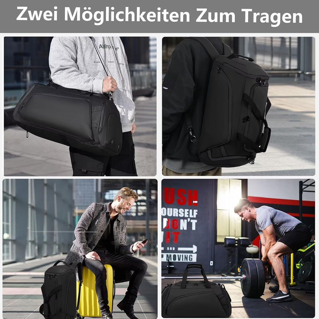 40L Sporttasche Herren Wasserdicht Schwarz Reisetasche Rucksack mit Schuhfach Nassfach Damen Duffel