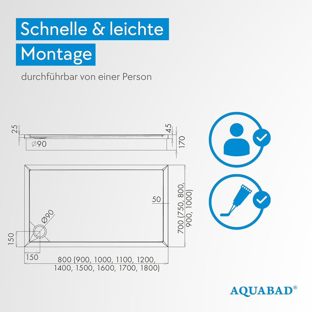 AQUABAD Duschwanne/Duschtasse | Komplettset Basic Smooth White 70x100cm Rechteck | inkl. Styroporträ
