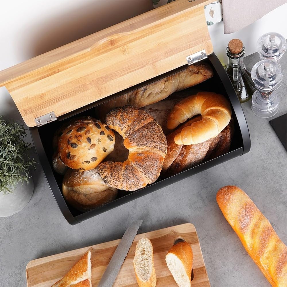 Vilde - Brotkasten metall - Brotbox - Brotbehälter aus Stahl und Holz - Bread box - Brot aufbewahrun