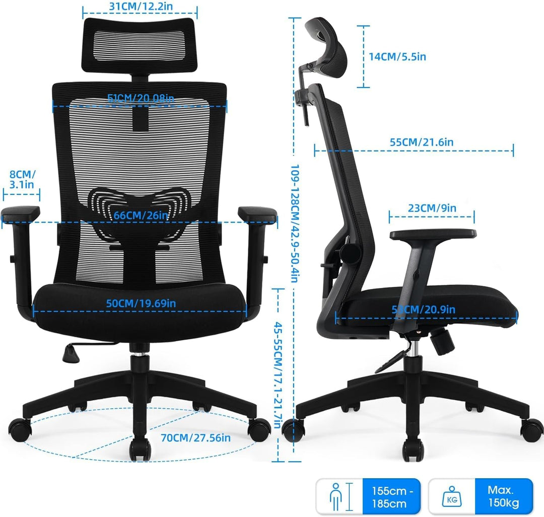 Daccormax Bürostuhl Ergonomisch, Schreibtischstuhl mit Verstellbarer Kopfstütze, Armlehnen, Lendenwi