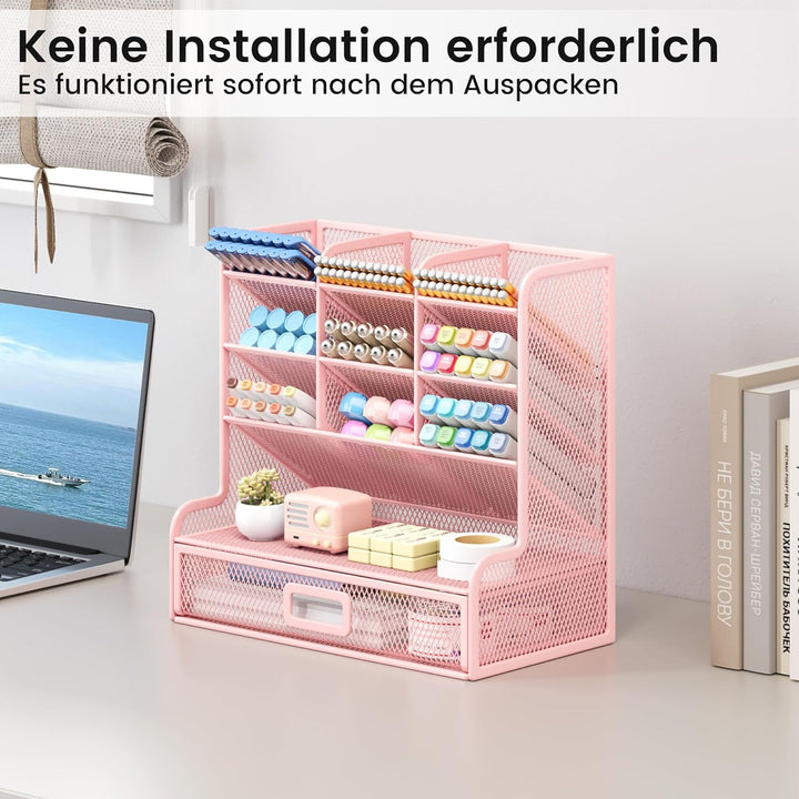 VITVITI Schreibtisch Organizer, 9 Fächer Stiftehalter mit Schublade, Netz Stifte Regal aus Metall, S
