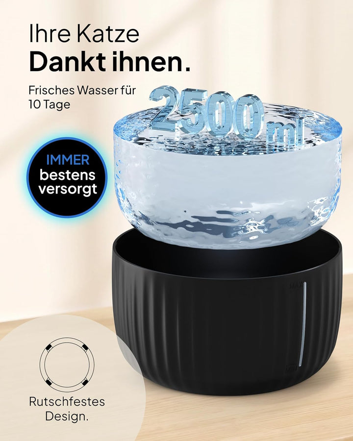 Pretty Paw Katzenbrunnen mit Leiser Pumpe, LED und Aktivkohlefilter, 2,5L | Trinkbrunnen für Katzen,