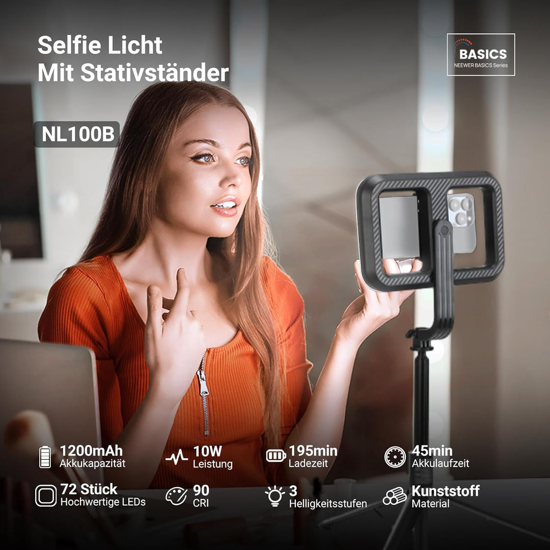 NEEWER Basics 10W Selfie Licht mit Stativ, 1200mAh LED Quadrat Ringlicht, 72" Selfie Stick Handyhalt