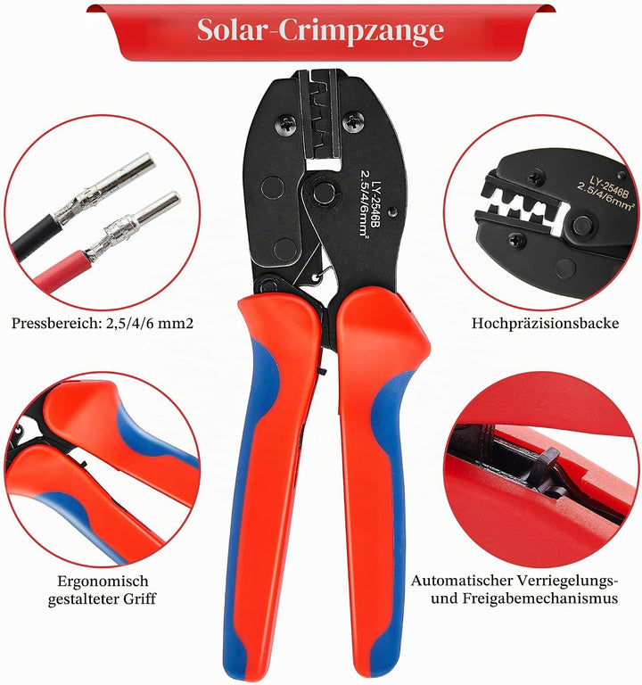 Solar Crimpzange Set für 2.5/4/6mm² Solarpanel PV Kabel, 10 Paar Kabelstecker, 10 Paar Männlich/Weib