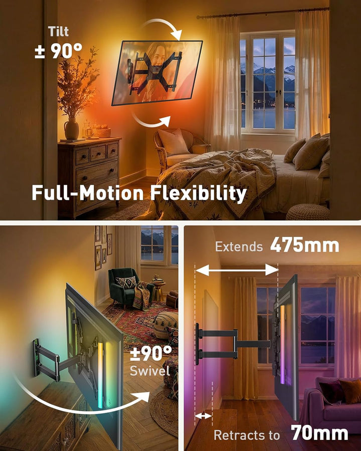 Perlegear Voll-bewegliche TV Wandhalterung mit LED-Lichtern für 25″-65″ TV 45kg, TV Halterung mit Ne