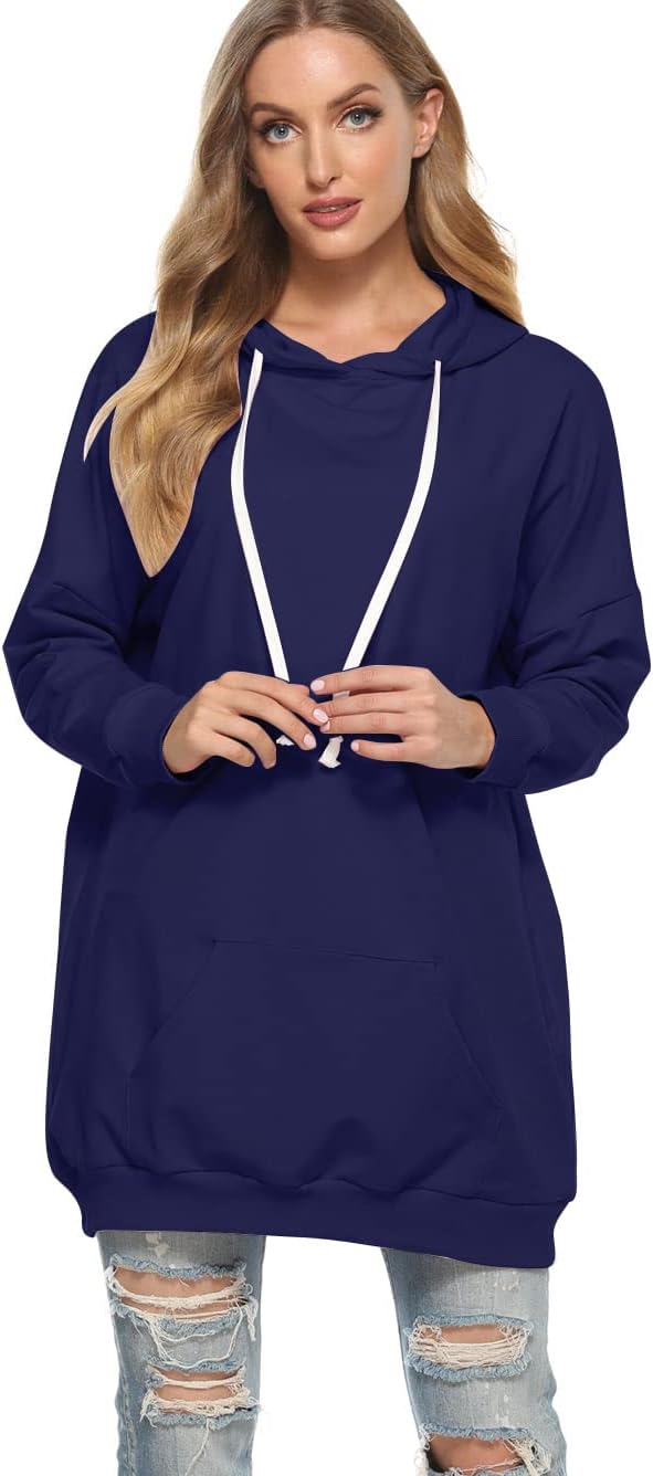 Famulily Damen Oversized Hoodie Kleid Baumwolle Lang Sweatshirt mit Kapuze Einfarbige Kapuzenpullove