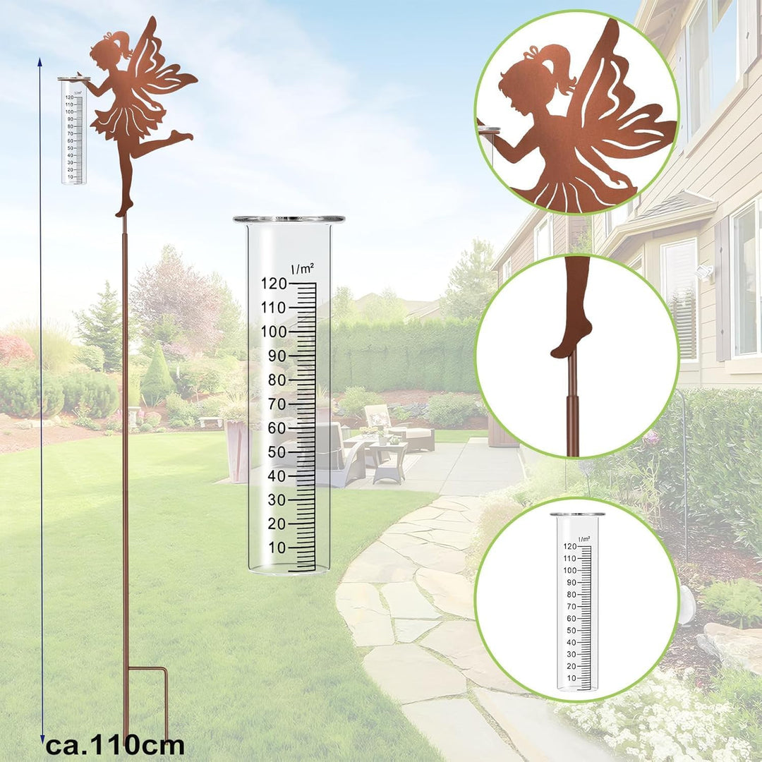 Regenmesser für Garten Niederschlagsmesser, Gartenstecker Elfe stehend Gartendeko 110cm mit stab, Re