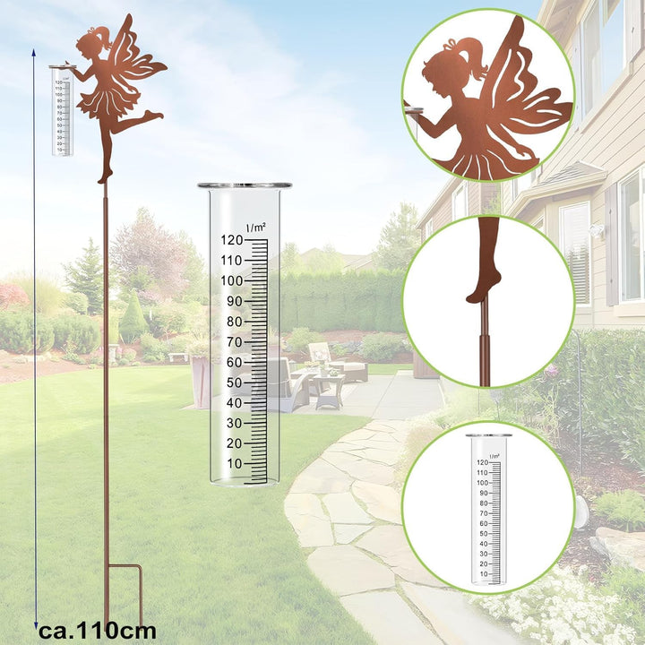 Regenmesser für Garten Niederschlagsmesser, Gartenstecker Elfe stehend Gartendeko 110cm mit stab, Re