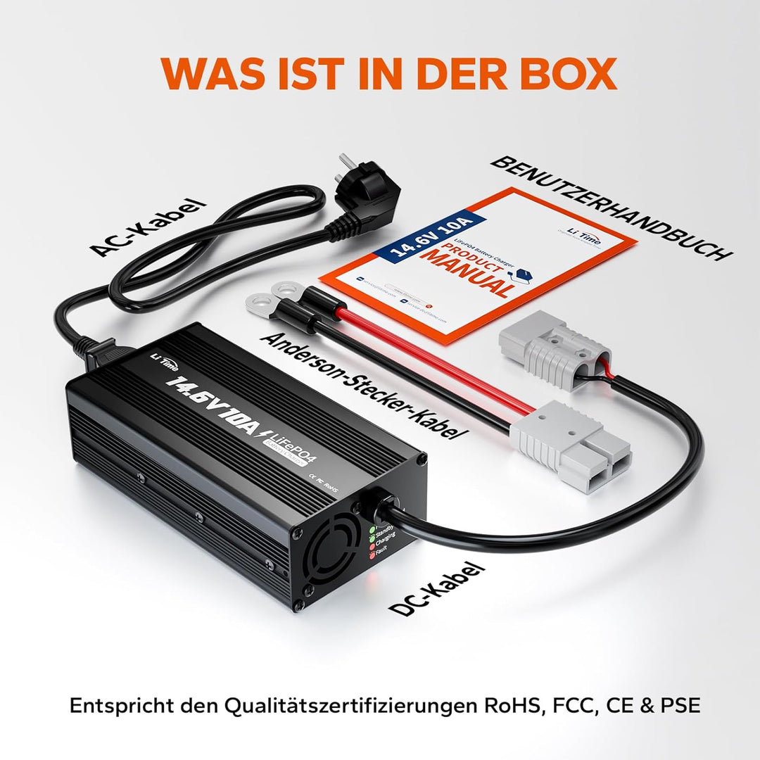 LiTime 12V 10A Batterieladegerät 14,6V AC-DC LiFePO4 Lithium-Batterie-Ladegerät mit Anderson-Anschlu