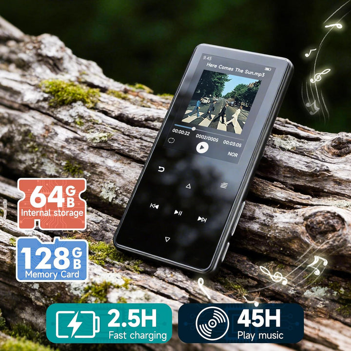 MP3 Player mit Bluetooth 5.3, 64GB und 2,4" Display – Mit Touch-Tasten, Lautsprecher, Metallgehäuse,