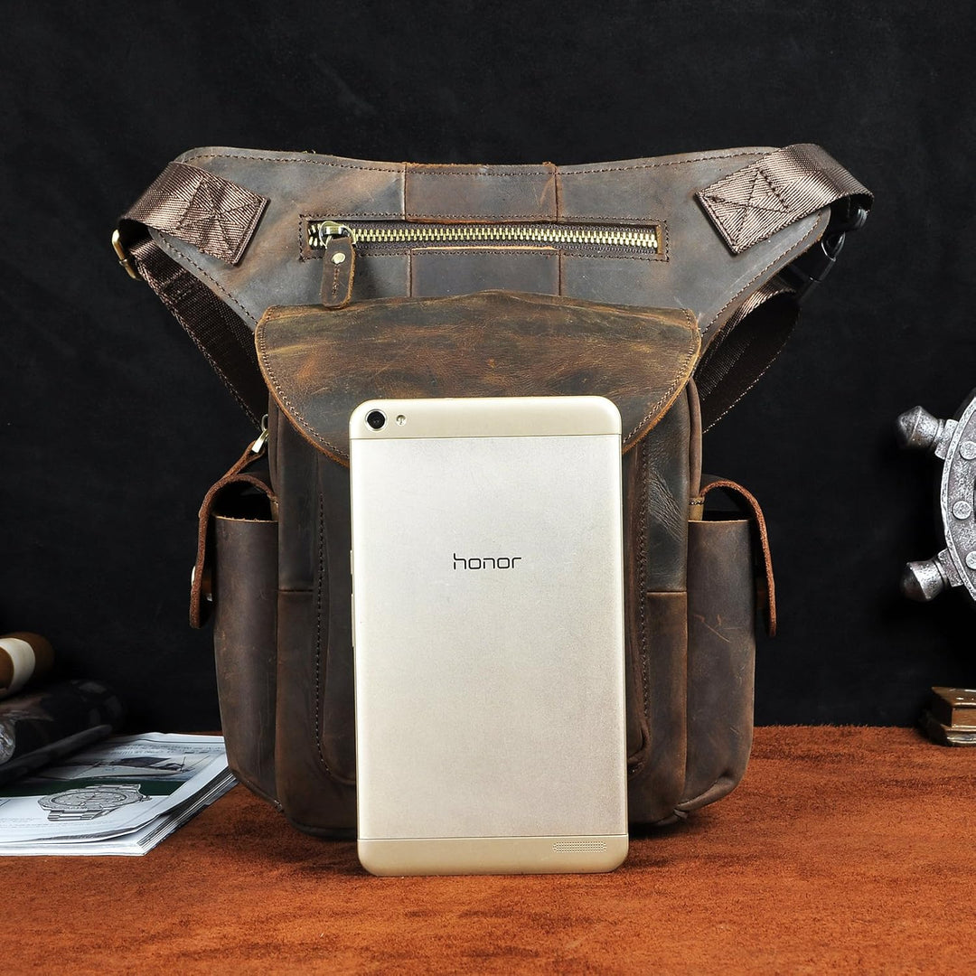 Le'aokuu Herren Echtes Leder Tasche Schultertasche Gürteltasche Beinbeutel Beintasche Hüfttasche Dro