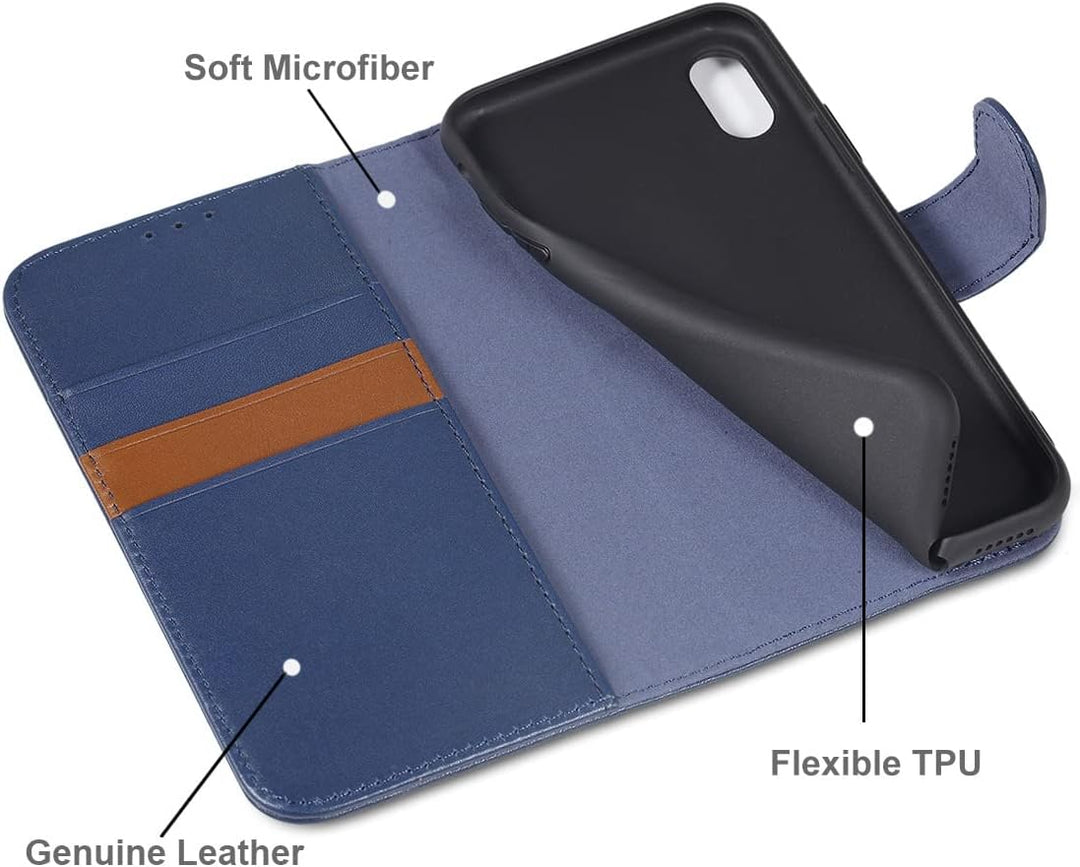 LENSUN Echtleder Hülle für iPhone XS, iPhone X Handyhülle Flip Cover [Echtes Leder][Kartenfach][RFID