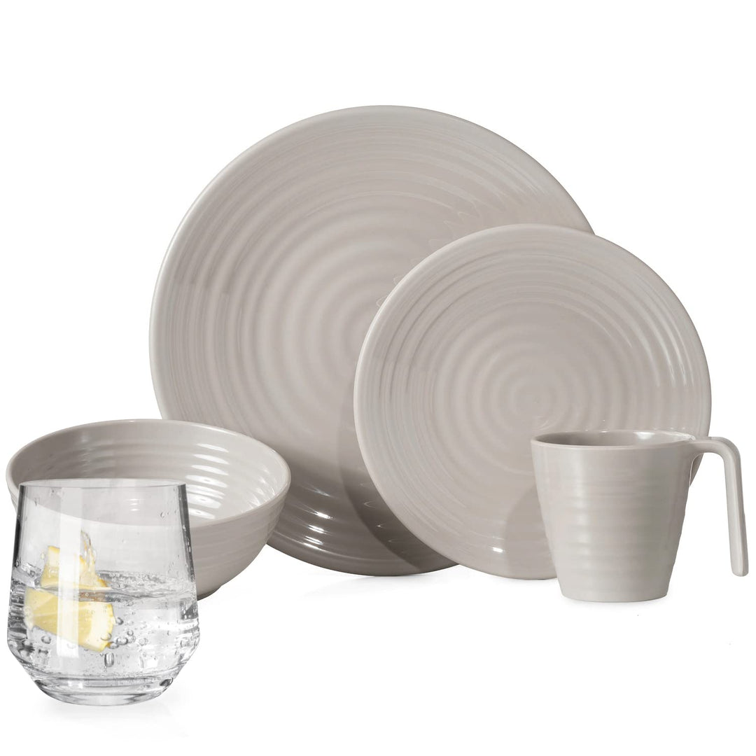 Melamin Camping Geschirr Set 4 Personen Coffee Design 16 Teilig + Milano Gläser Wassergläser Tafelge