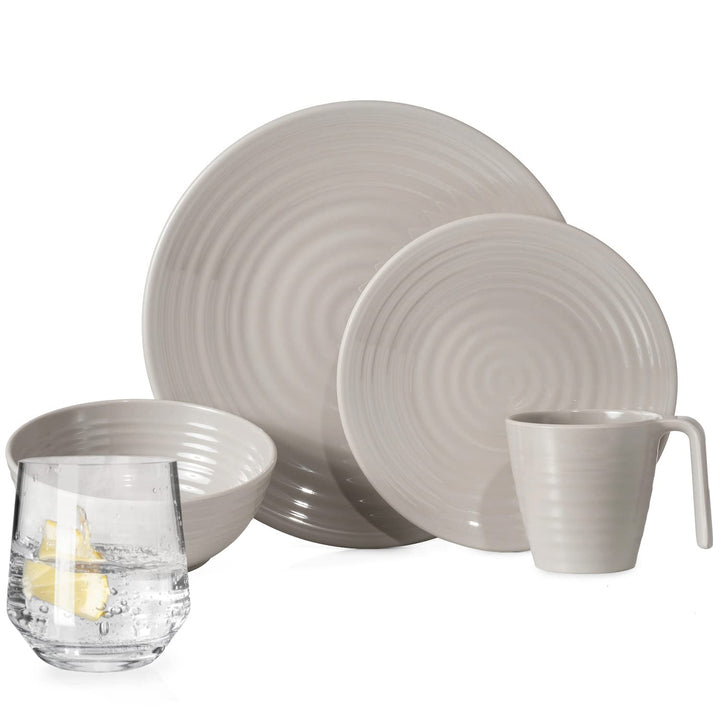 Melamin Camping Geschirr Set 4 Personen Coffee Design 16 Teilig + Milano Gläser Wassergläser Tafelge