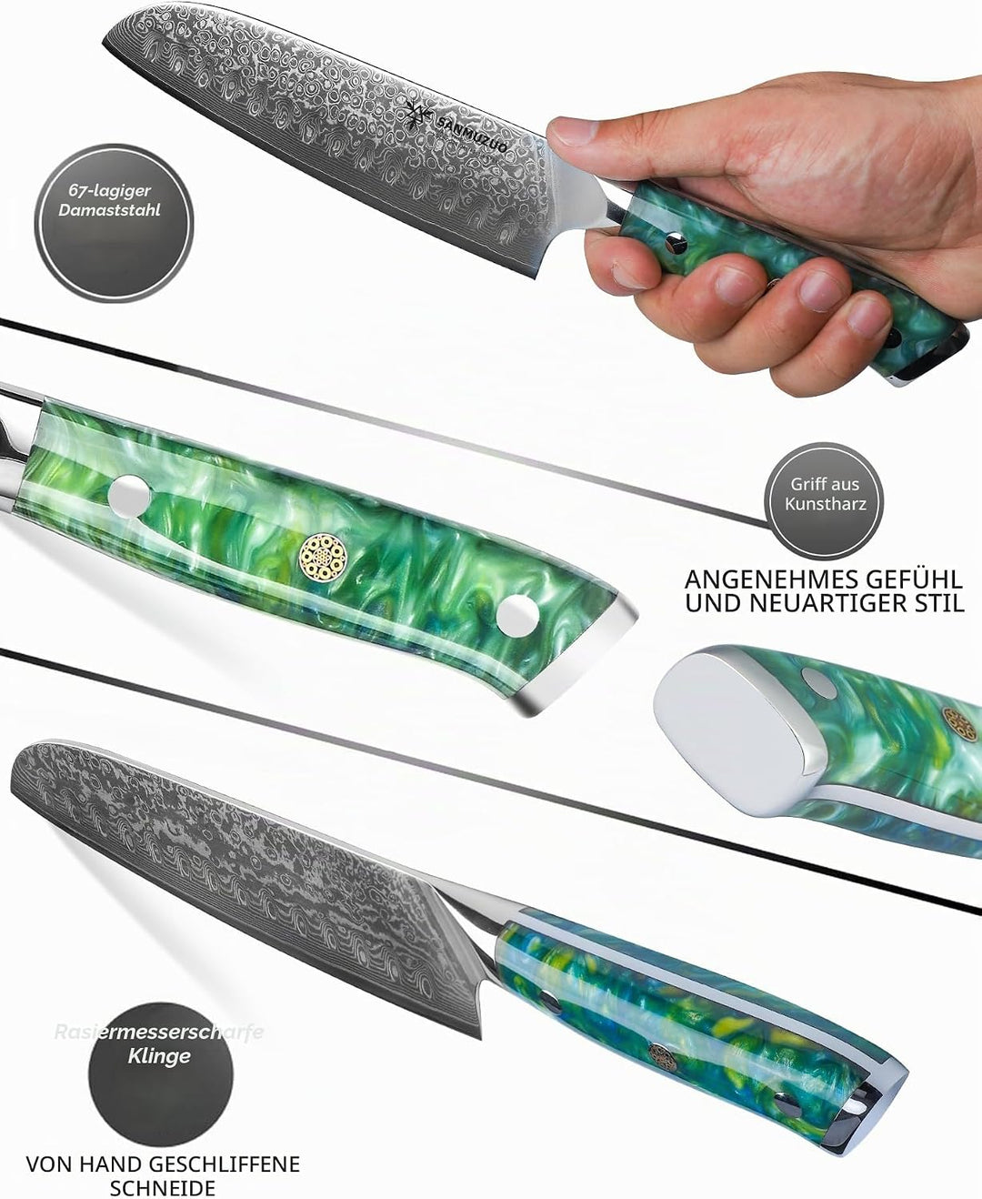 Damastmesser 18 cm Santokumesser - Japanisches Kochmesser - VG 10 Damaskus Stahl Küchenmesser mit Ha