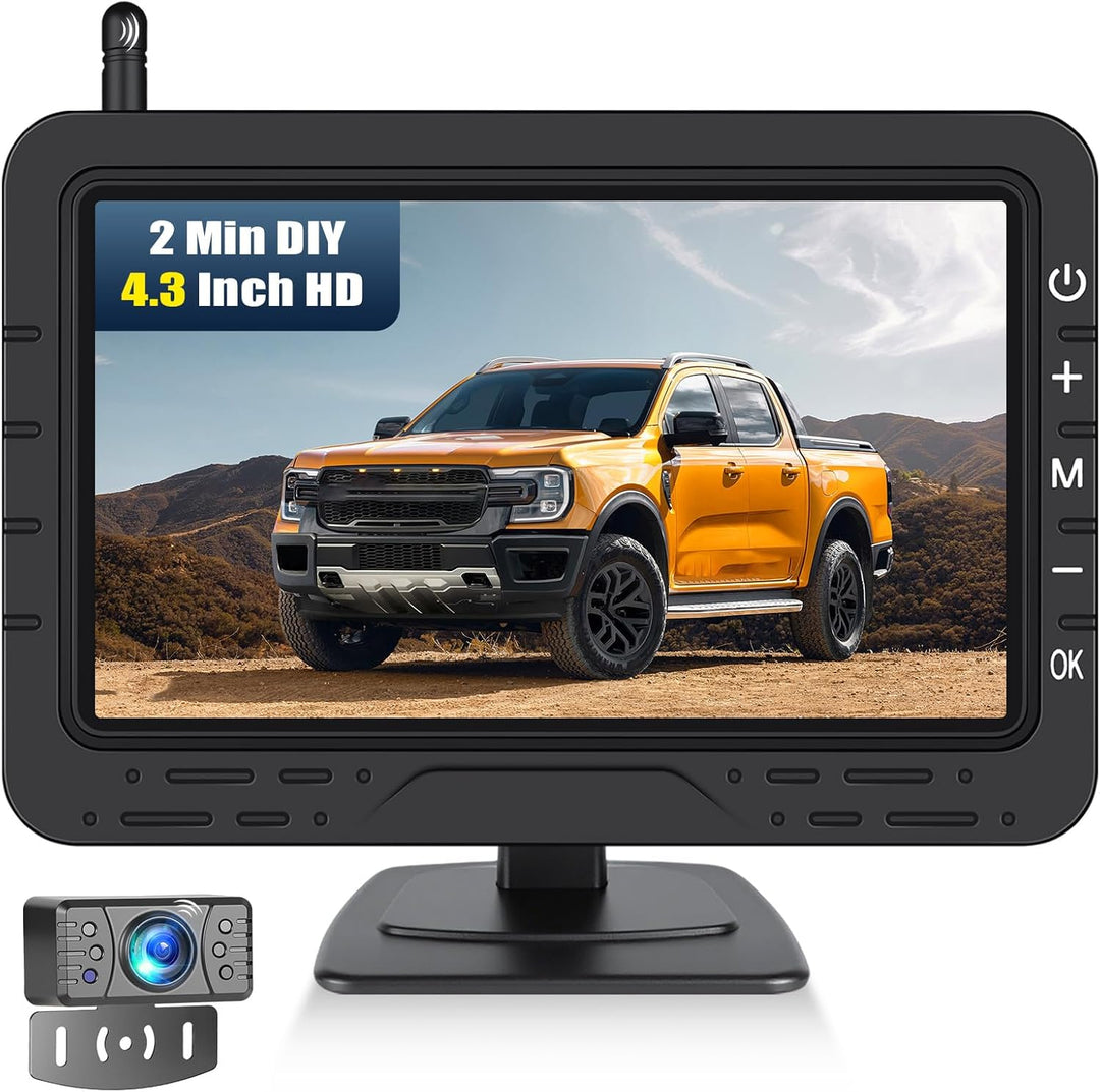 CAMECHO HD Rarückfahrkamera kabellos 4,3 Zoll Wireless-Übertragung, IP68-Wasserdichtigkeit, Infrarot