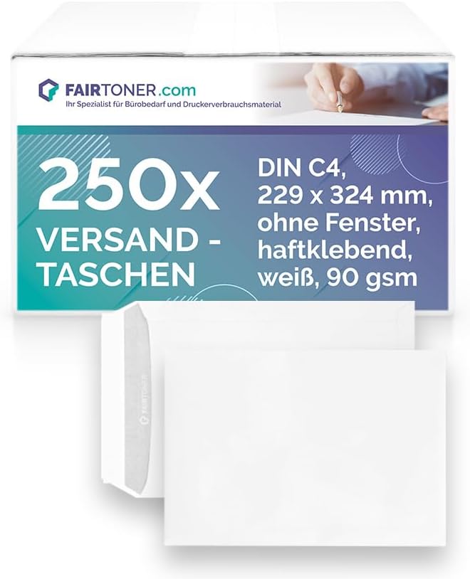 Versandtasche C4 (250 Stück Umschläge) Haftklebende Versandtaschen weiss 90gsm, mit Innendruck,ohne