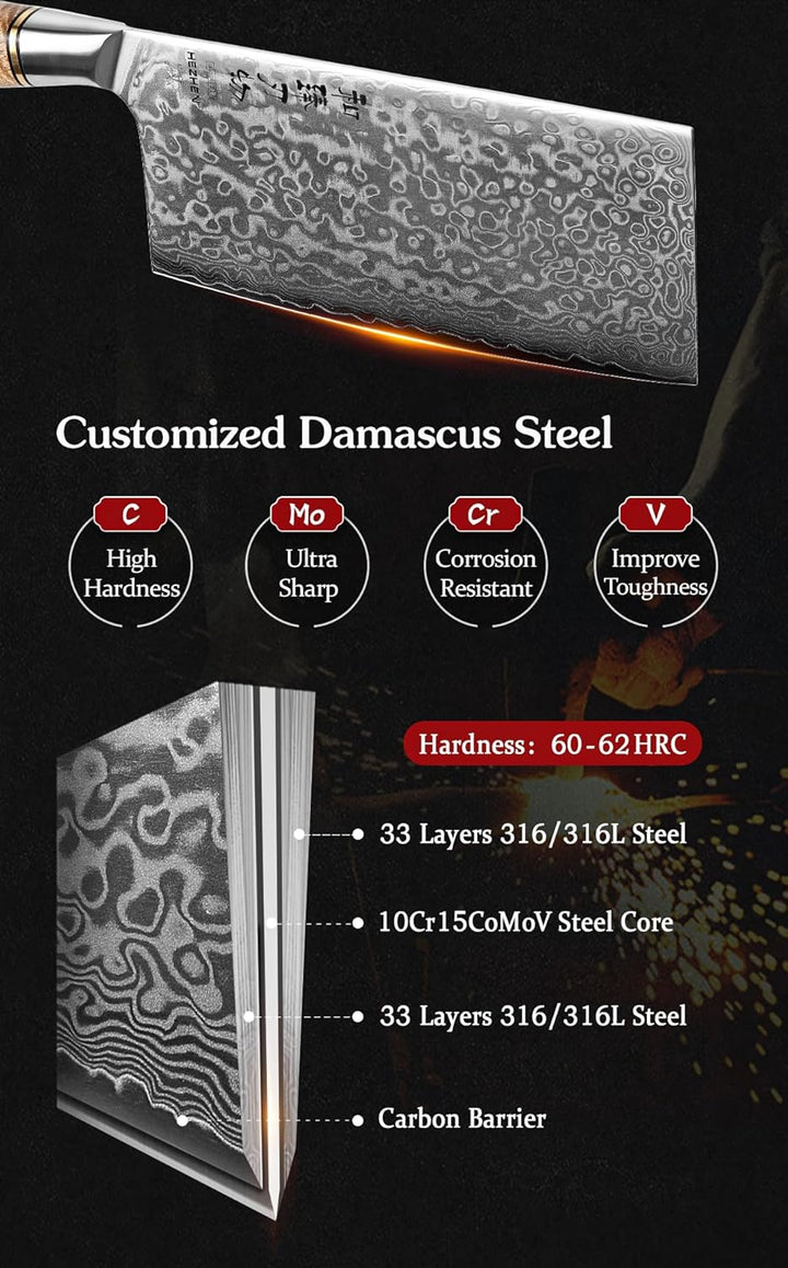 HEZHEN Küche Gemüse Fleischbeil Chinesischer Koch Kochmesser 17.3cm-Metzgermesser 67-Lagig Damaskus