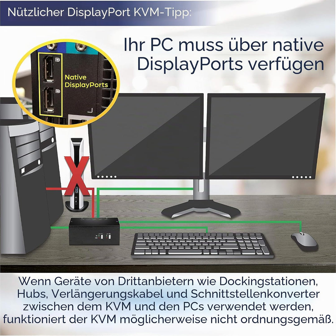 TRENDnet TK-240DP 2-Port-DisplayPort-KVM-Switch mit zwei Monitoren und Audio, 2-Port-USB 2.0-Hub, 4K