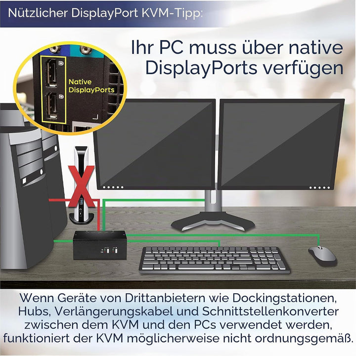 TRENDnet TK-240DP 2-Port-DisplayPort-KVM-Switch mit zwei Monitoren und Audio, 2-Port-USB 2.0-Hub, 4K