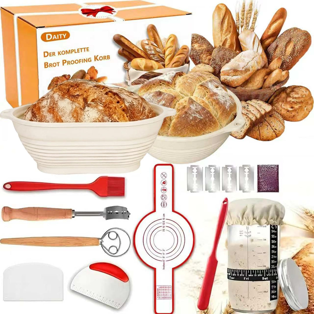 Daity Gärkörbchen,12-teilig Sauerteig Starter Set,28cm Gärkörbchen oval und 25cm Gärkorb rund,650ml