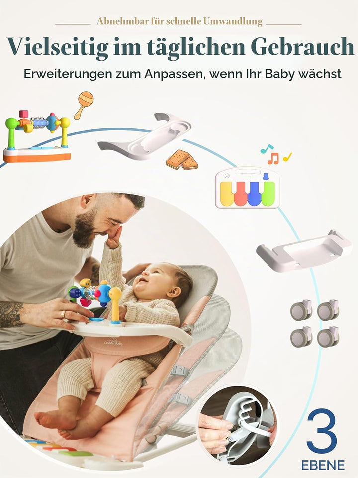 CuddoBaby 4-in-1 Babywippe mit Rädern, abnehmbares Klavier &amp; Futtertablett, 3-stufig verstellbarer k
