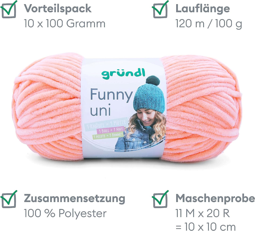 Gründl Funny uni Strick- & Häkelgarn (samtartiges Chenille-Garn aus 100% Polyester, 10 x 100 g / 120