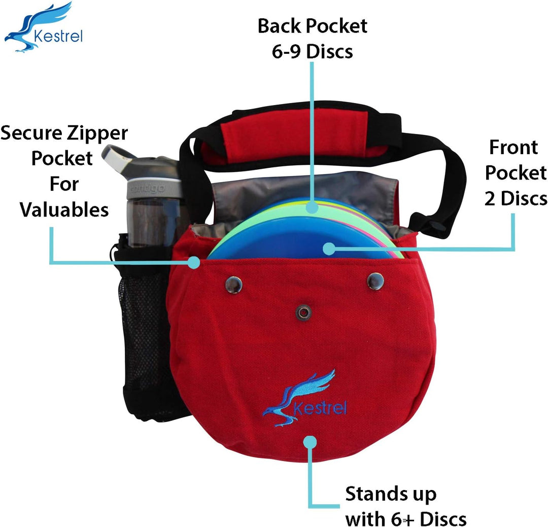 Kestrel Black Disc Golf Bag - Fits 6-10 Golf Discs + Bottle - for Beginner &amp; Advanced Golfers - Extr