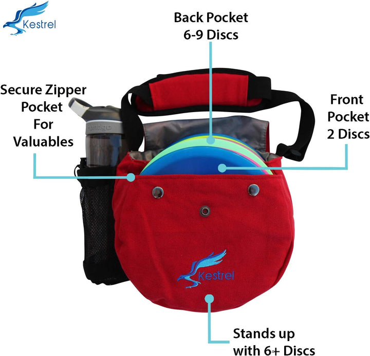 Kestrel Black Disc Golf Bag - Fits 6-10 Golf Discs + Bottle - for Beginner &amp; Advanced Golfers - Extr