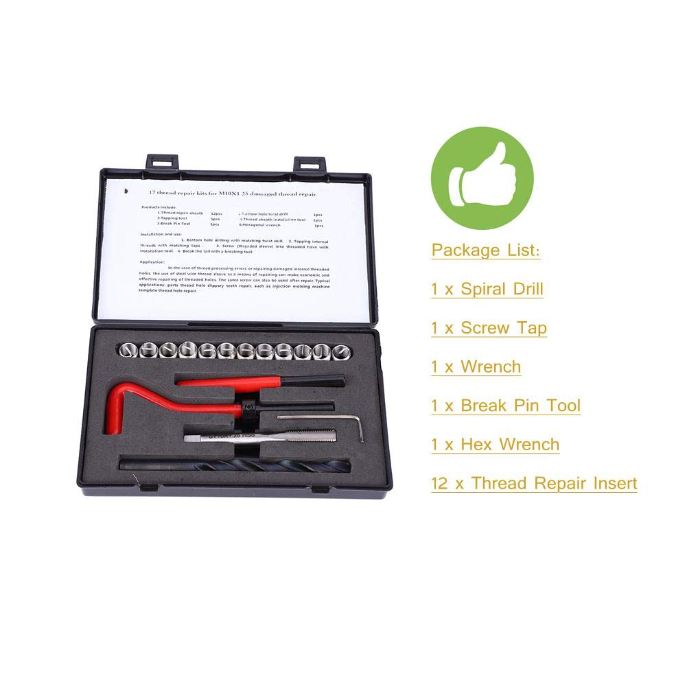 17-tlg. Gewindereparatursatz, Länge M10x1,25, gedrehter 2D-Edelstahl-Bohrgewindebohrerschlüssel mit