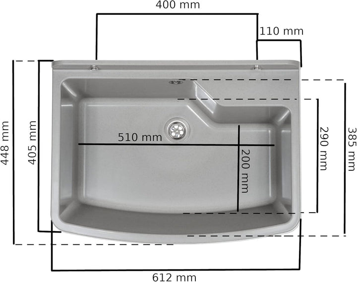 Waschbecken mit Siphon Ausgussbecken aus Kunststoff grau Granit Farbe, 61 cm Länge hängen Wasserinst