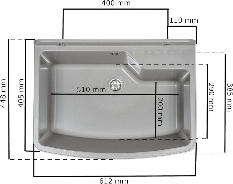 Waschbecken mit Siphon Ausgussbecken aus Kunststoff grau Granit Farbe, 61 cm Länge hängen Wasserinst