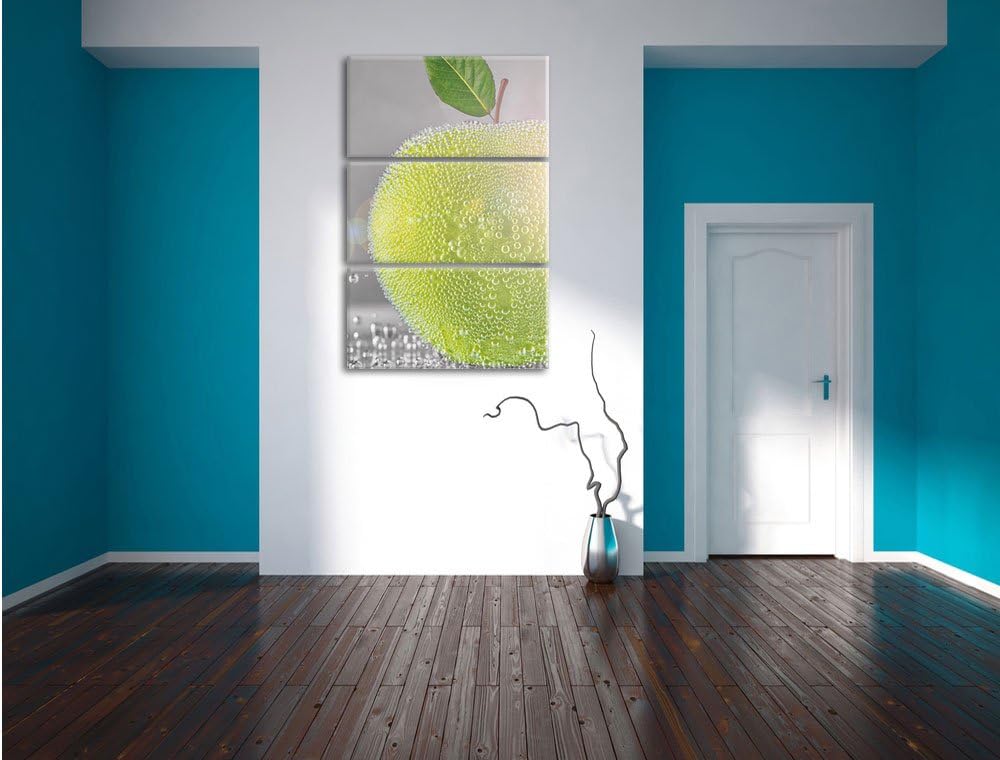 Pixxprint Grüner saftiger Apfel mit Wasserperlen 3-Teiler Leinwandbild 120x80 Bild auf Leinwand