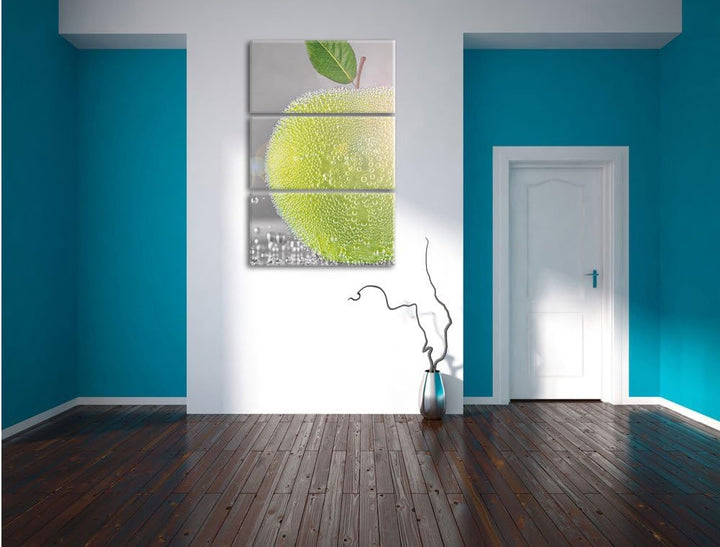 Pixxprint Grüner saftiger Apfel mit Wasserperlen 3-Teiler Leinwandbild 120x80 Bild auf Leinwand