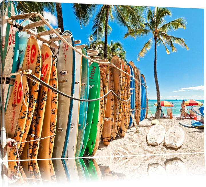 Surfboards am Strand Format: 100x70 auf Leinwand, XXL riesige Bilder fertig gerahmt mit Keilrahmen,