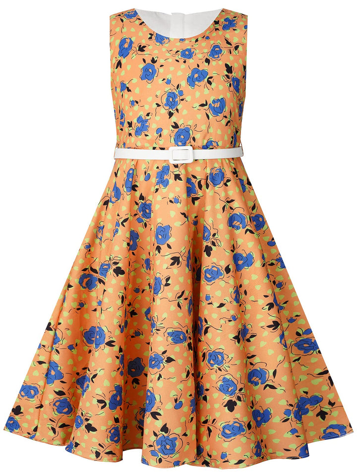 BONNY BILLY Mädchen Kleider Vintage Blumen Festlich Hochzeit Elegant Kinder Kleid mit Gürtel 7-8 Jah