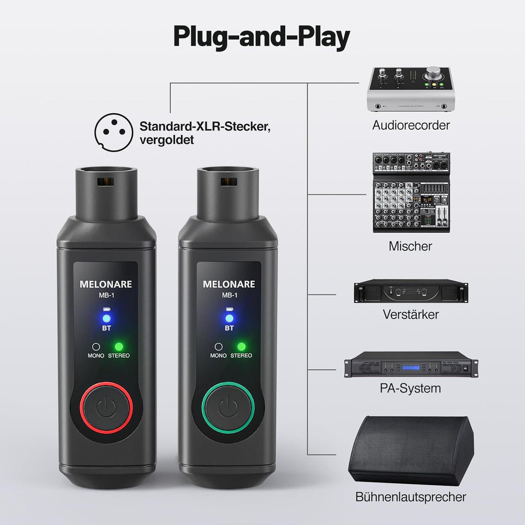 MB-1 Wireless XLR Bluetooth Empfänger, 15 Stunden Akkulaufzeit, BT 5.3, High-Fidelity Audio, Mono/St