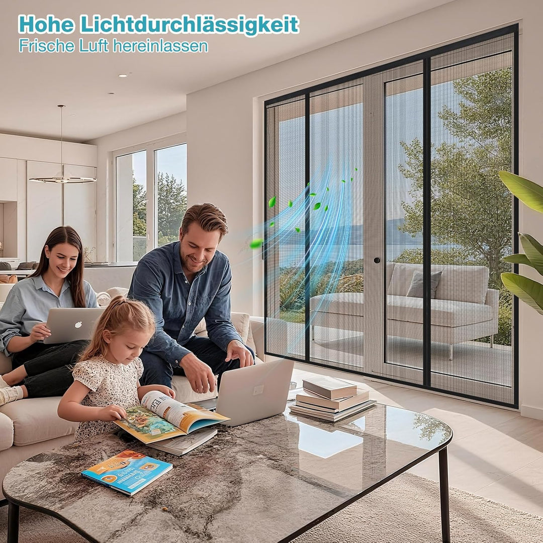 Fliegengitter Tür 160x210 cm Schwarz, Magnetisches Fliegengitter Balkontür Doppeltür – Ohne Bohren K